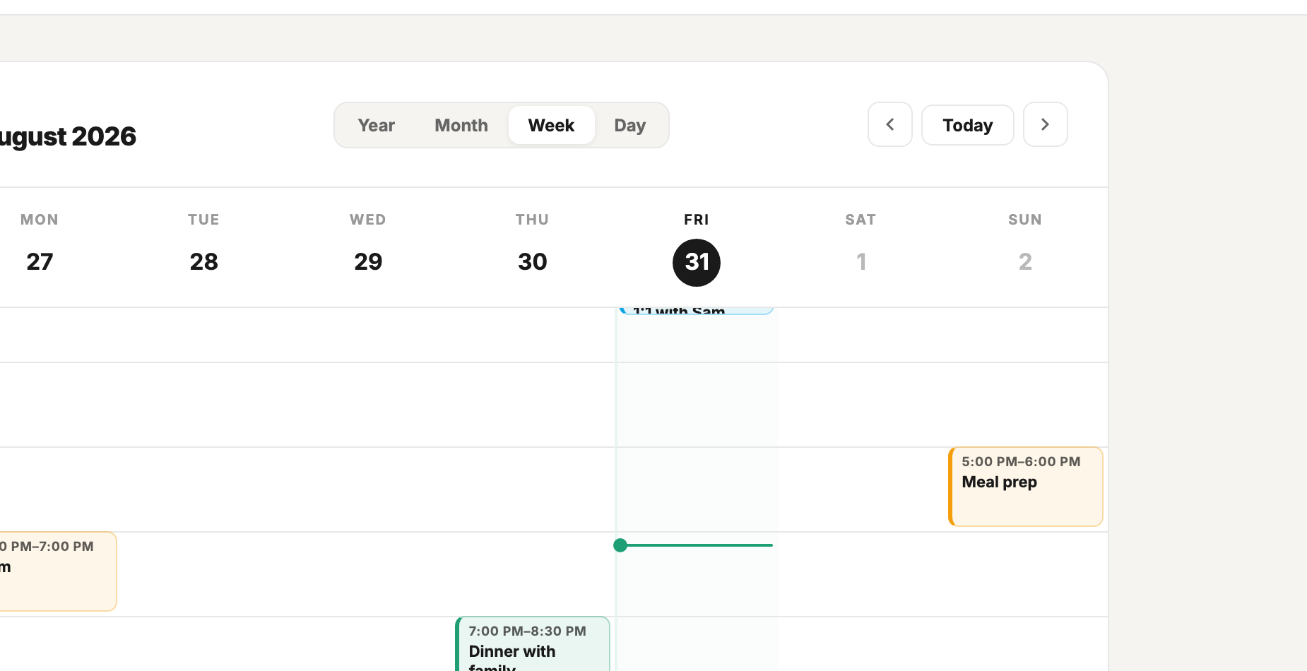 A real week of calendar events inside MainQuest
