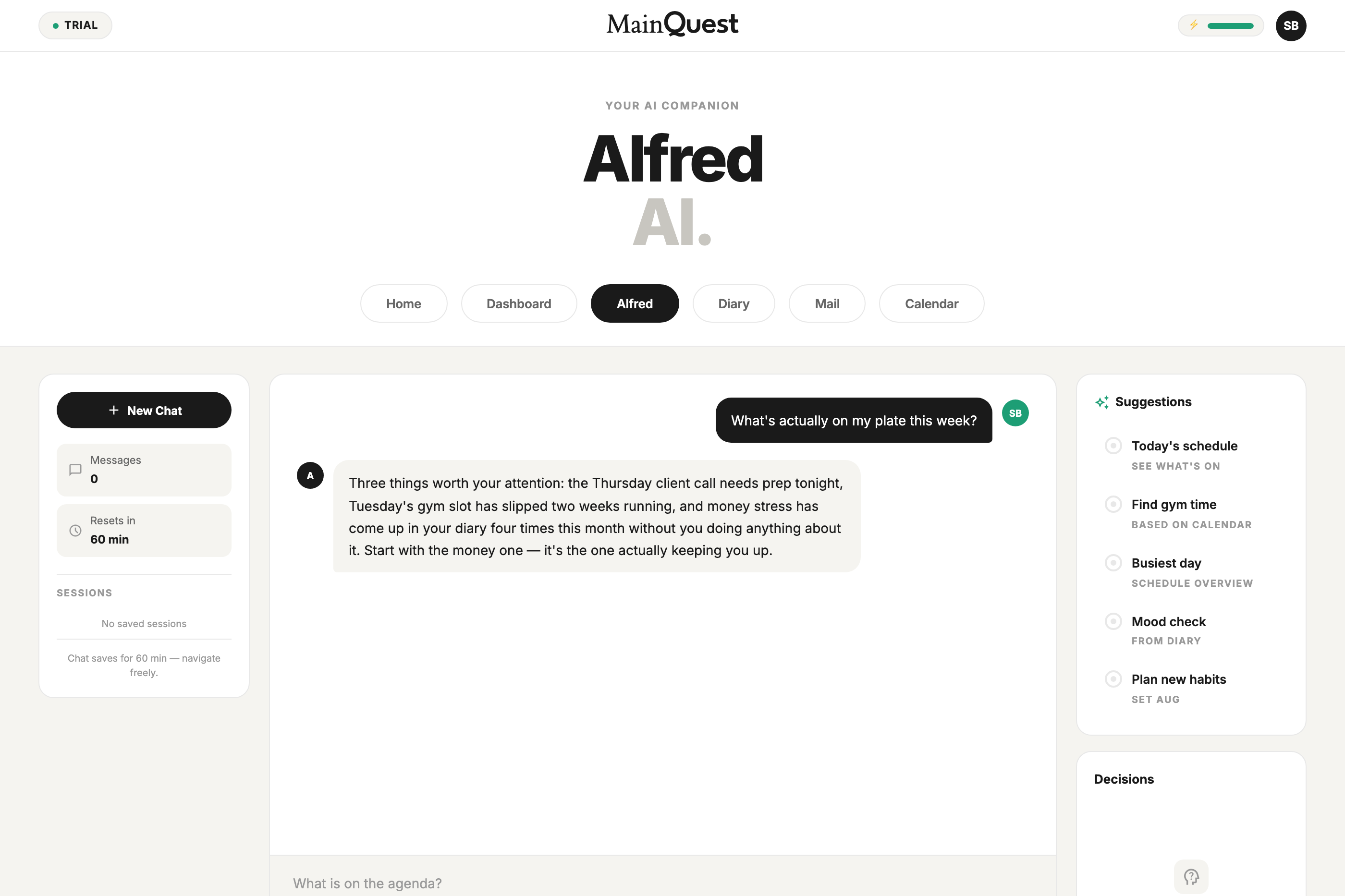 Alfred AI chat inside MainQuest
