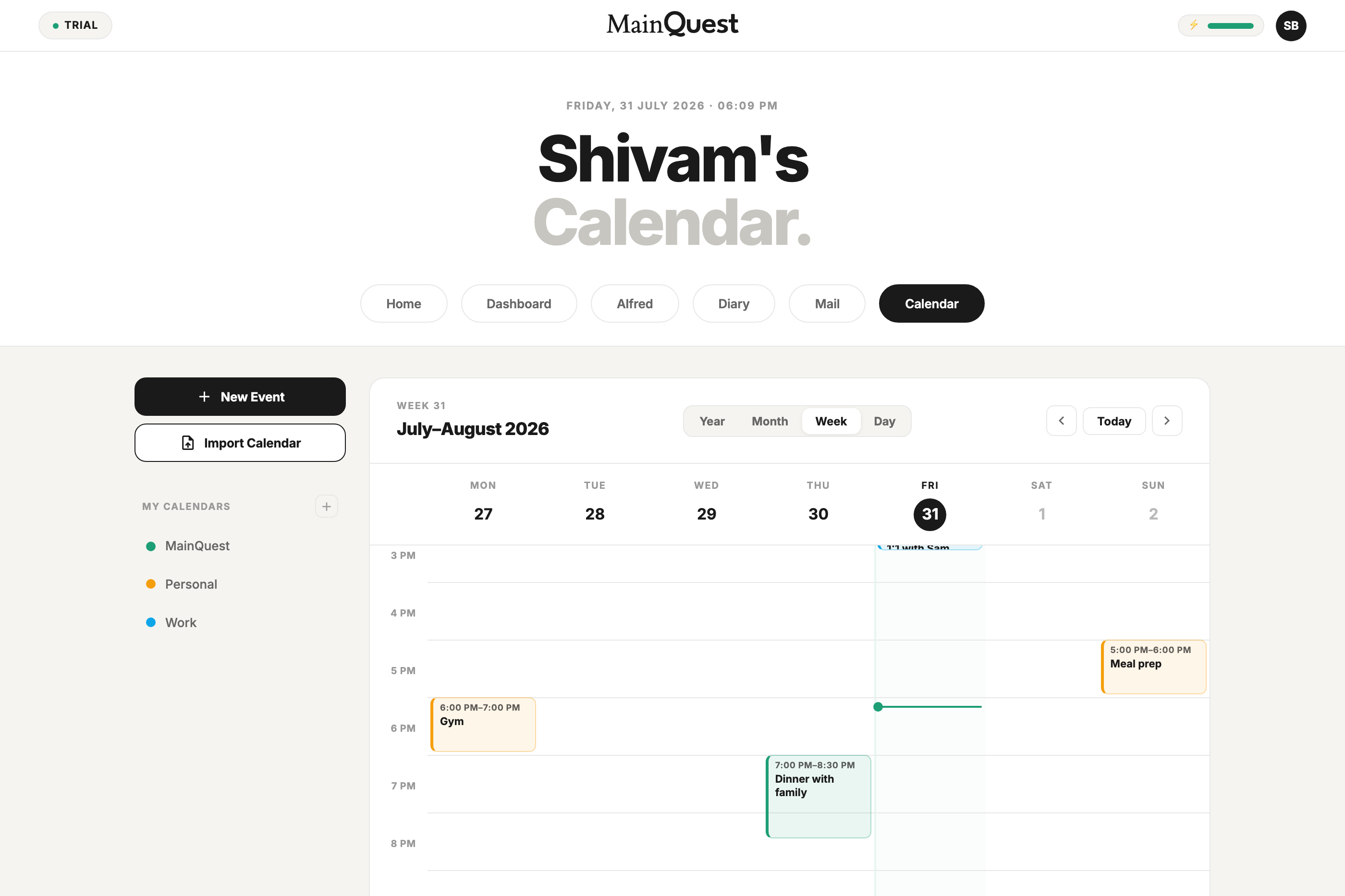 Weekly calendar inside MainQuest