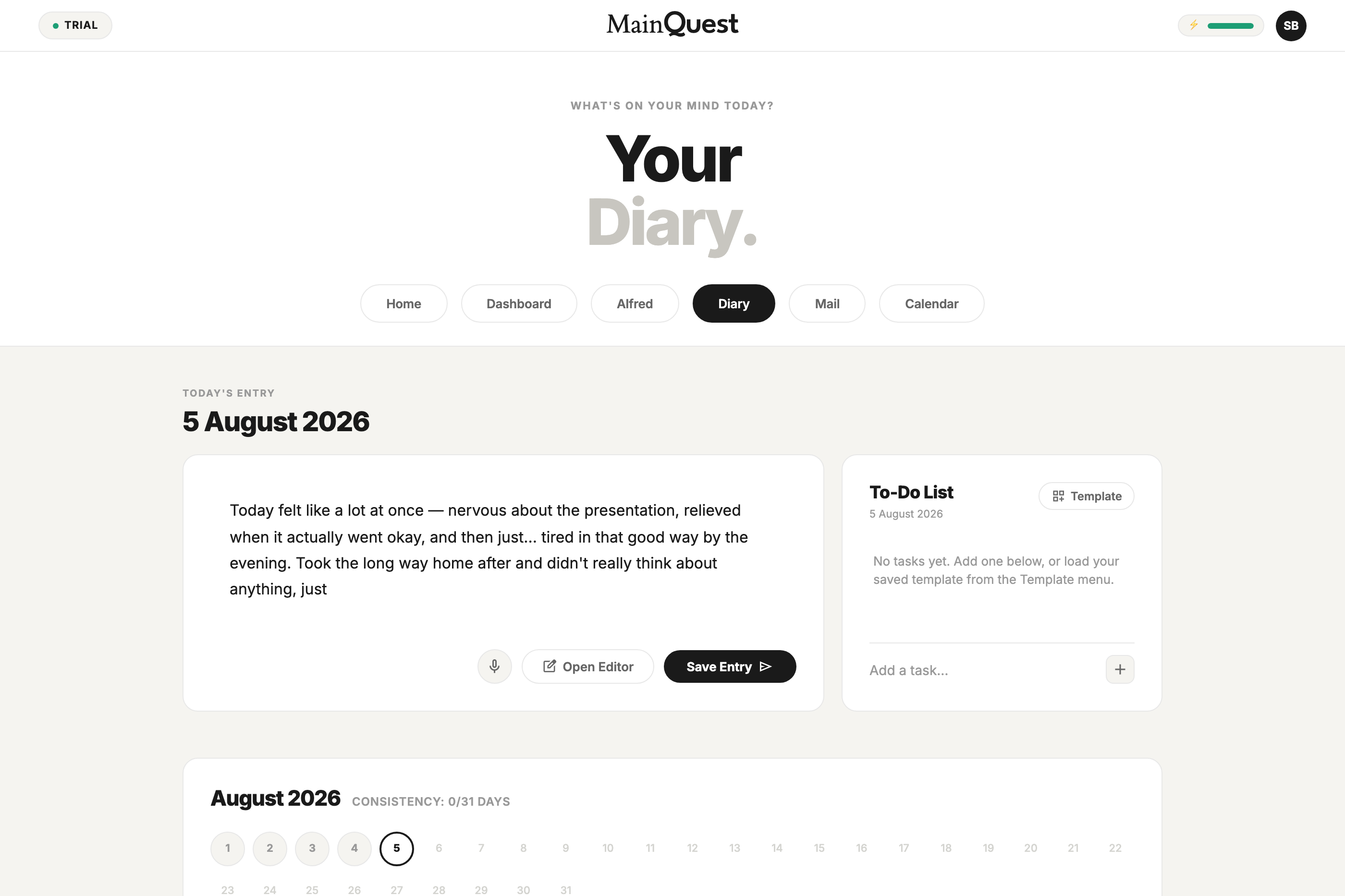 Diary and to-do list inside MainQuest
